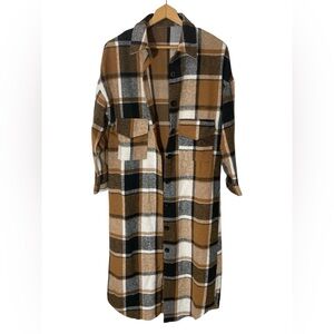 - C38-  Longline Shirt Jacket Tan Plaid Small